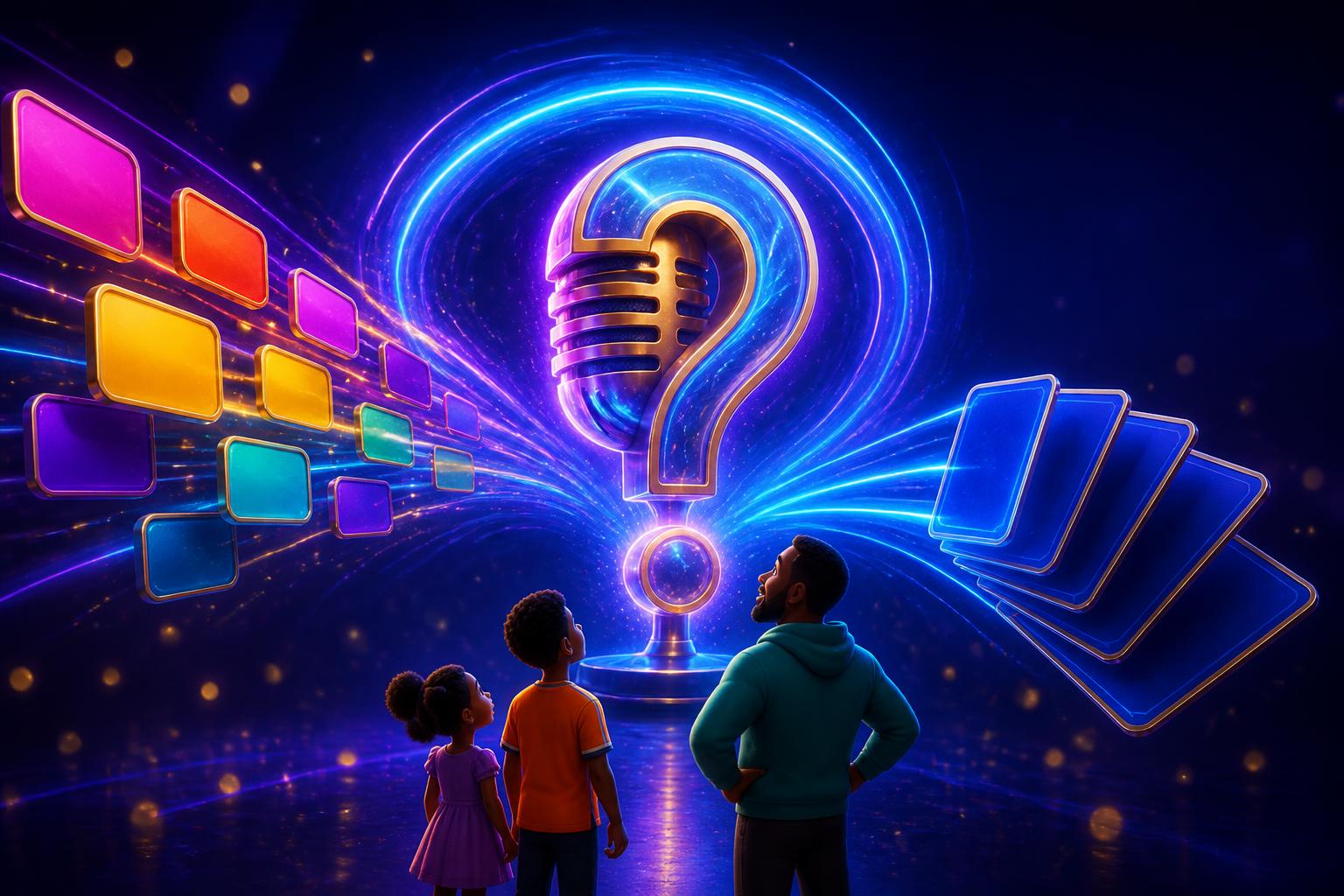 A glowing microphone question-mark symbol pulling in colorful category tiles and sending out finished question cards while three players watch.