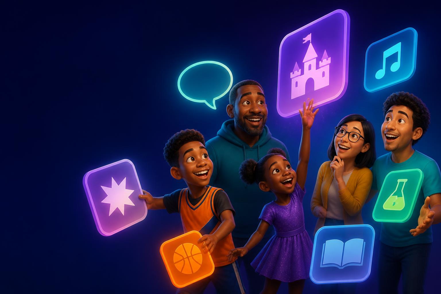 A diverse group of five players choosing trivia categories around glowing floating category tiles.