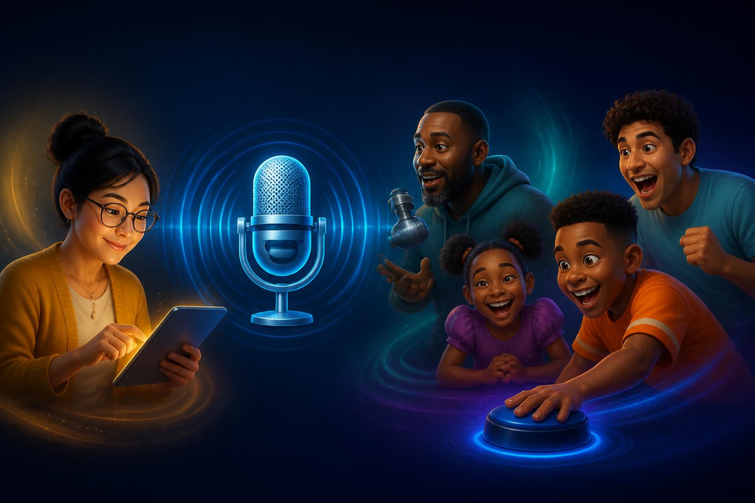 Three play styles side by side: a player tapping a tablet, a player speaking into a microphone, and a player hitting a blue buzzer around a glowing microphone symbol.