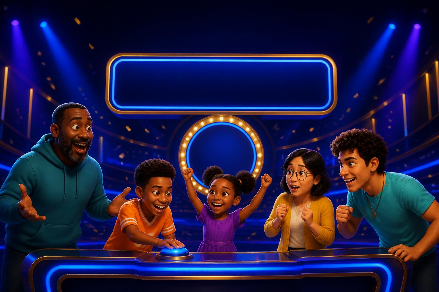 Five players on a bright game-show stage: one answers aloud, one hits a buzzer, one celebrates, and a scoreboard and timer glow behind them.