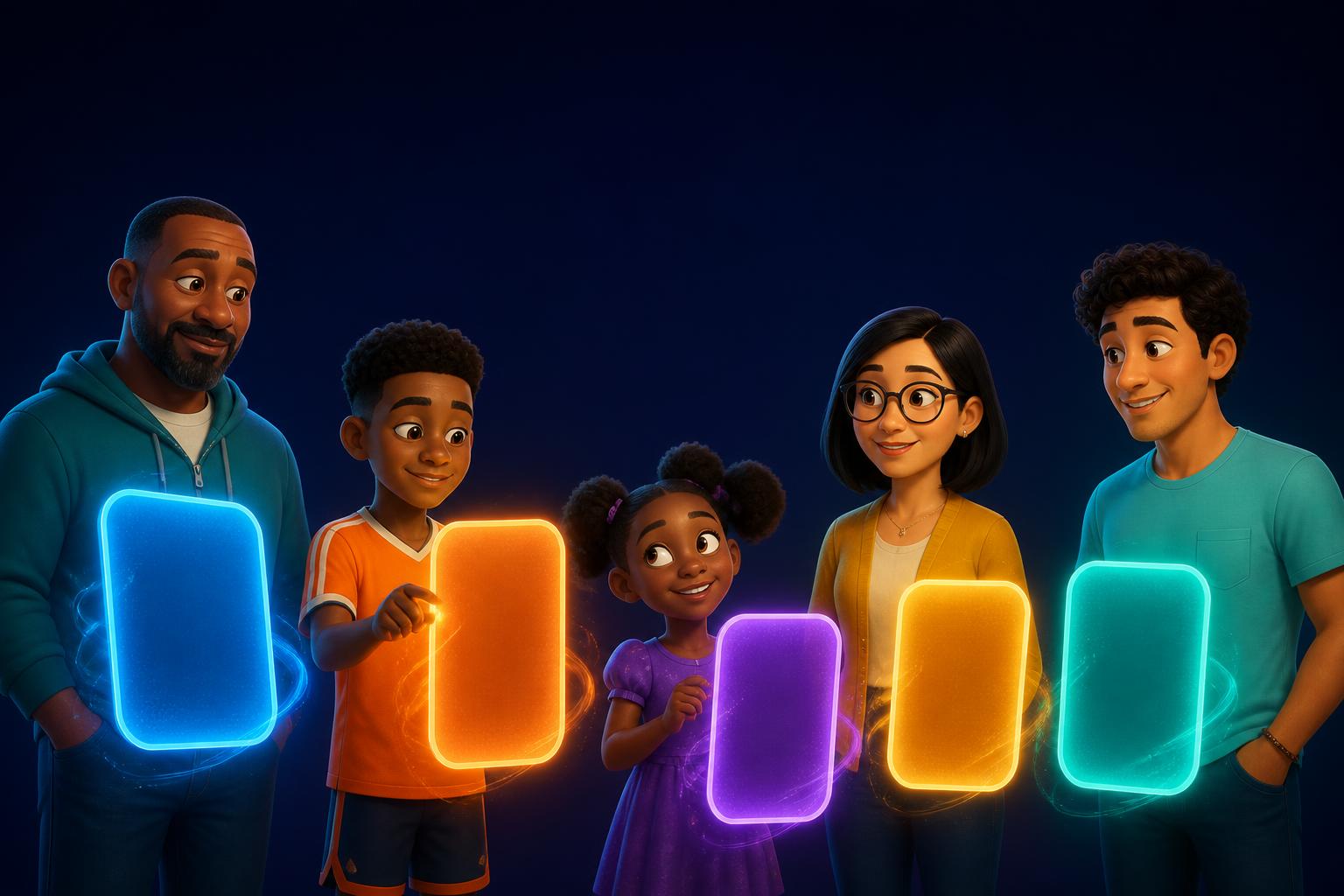 Five original Trivia AI characters each standing beside a glowing colored player card as the cards slide into place.