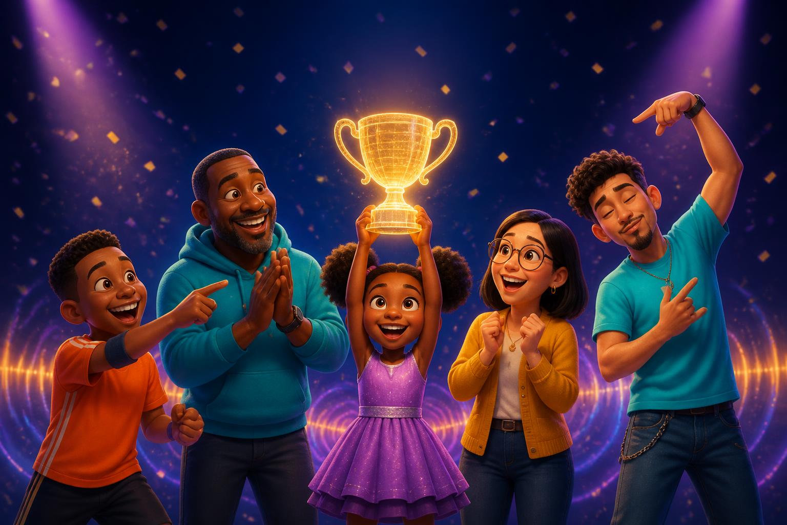 All five original Trivia AI characters in a celebratory line-up, the winner holding a glowing golden trophy with confetti falling.